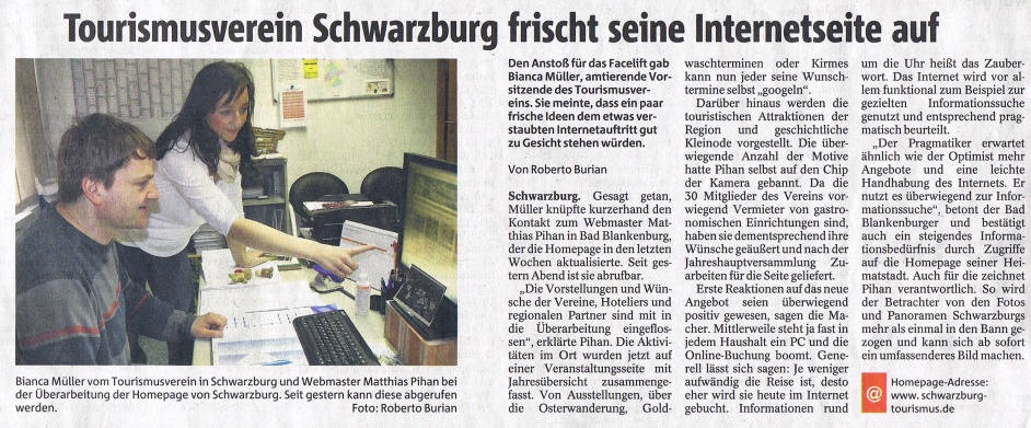 Tourismusverein Schwarzburg frischt seine Internetseite auf - Artikel OTZ vom 28.01.2015