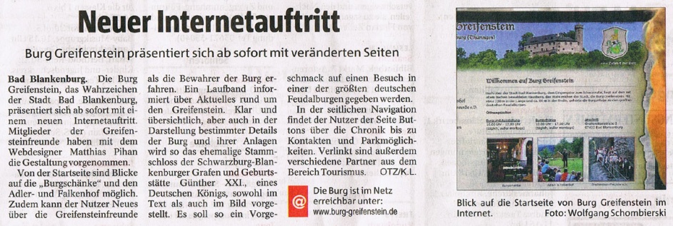 Neuer Internetauftritt der Burg Greifenstein - OTZ vom 21.09.2012
